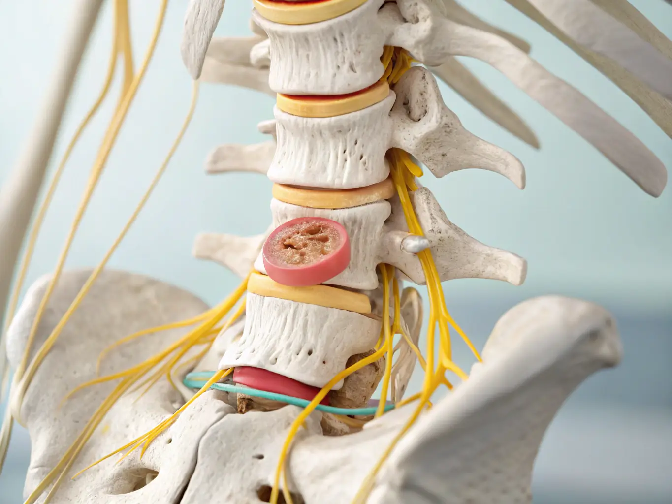An MRI scan of the spine, representing musculoskeletal pain research, with highlighted areas indicating potential sources of pain and structural abnormalities.