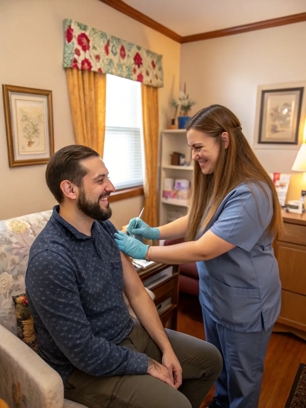 A person smiling while donating a blood sample, with a nurse assisting, showcasing the ease and comfort of the donation process.