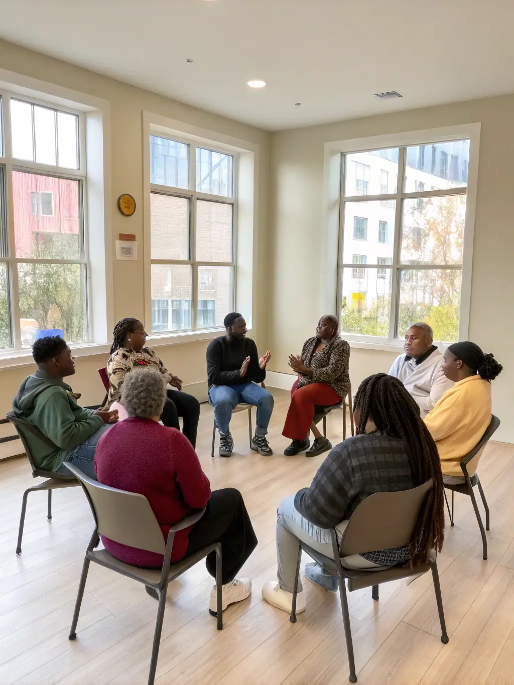 A support group meeting where people with chronic pain are sharing experiences and offering encouragement, emphasizing the community aspect of the biobank.