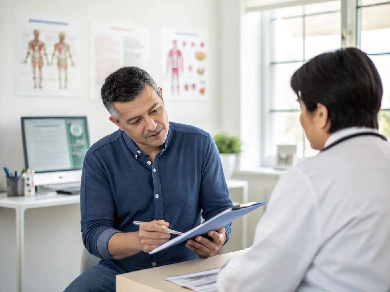 A doctor consulting with a patient, symbolizing the biobank's contribution to the development of novel pain therapies and improved patient care.