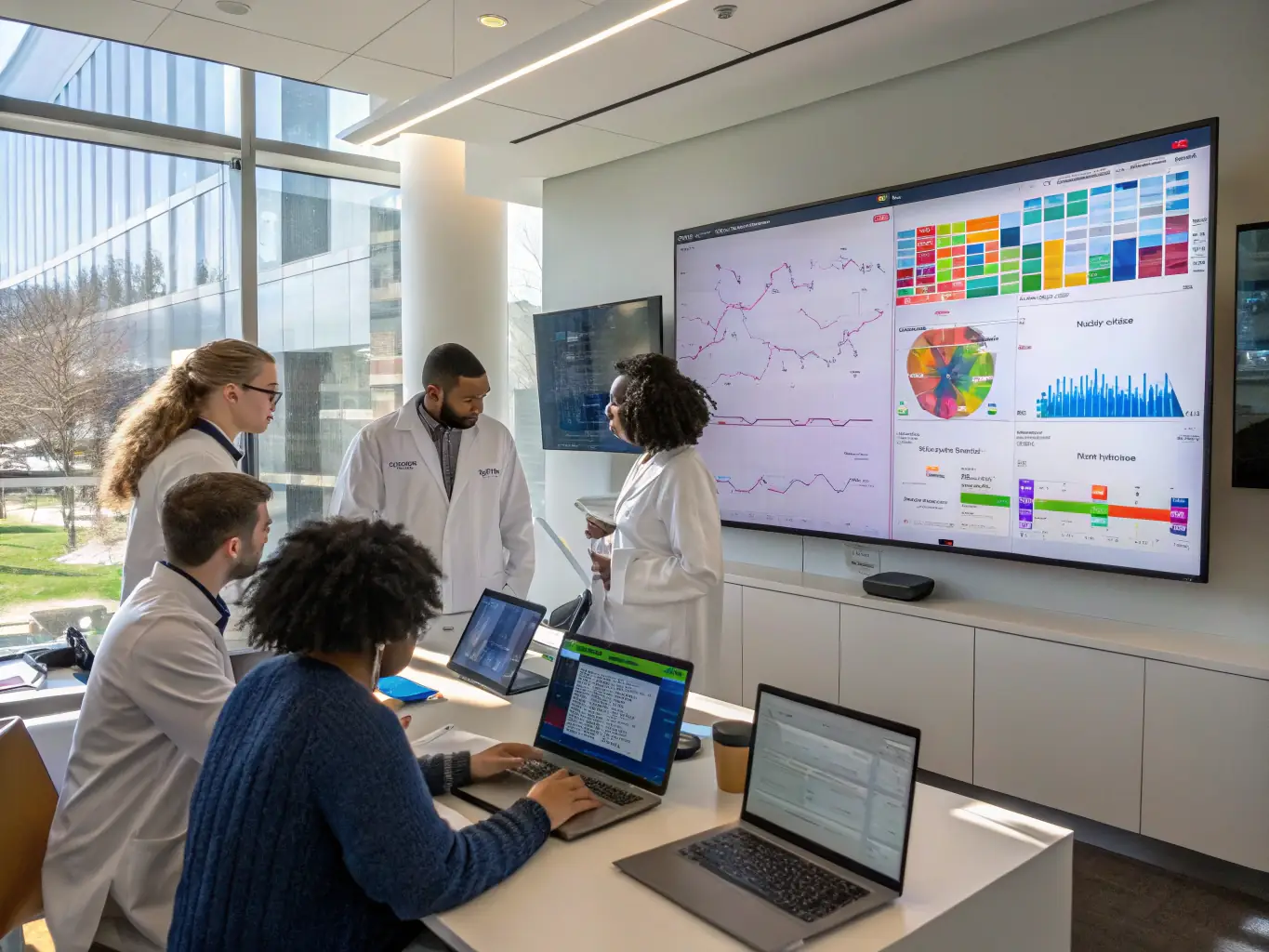 A group of researchers discussing data on a computer screen, representing clinical trials for new pain therapies.