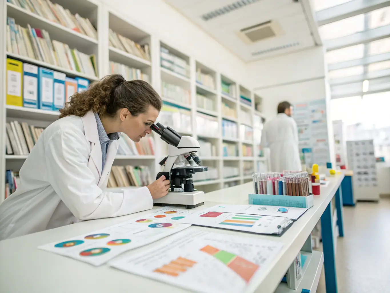 A researcher in a lab coat examining a sample under a microscope, representing genetic research into chronic pain.